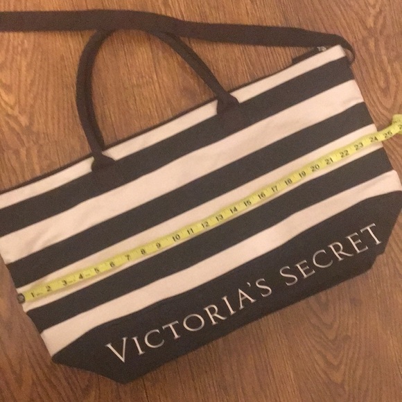 Victoria’s Secret Weekender Tote Bag Canvas Pink Black Striped - Picture 2 of 5